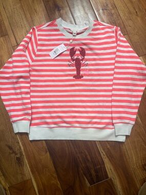 Lilly Pulitzer Coral & White Striped Pullover with Beaded Lobster